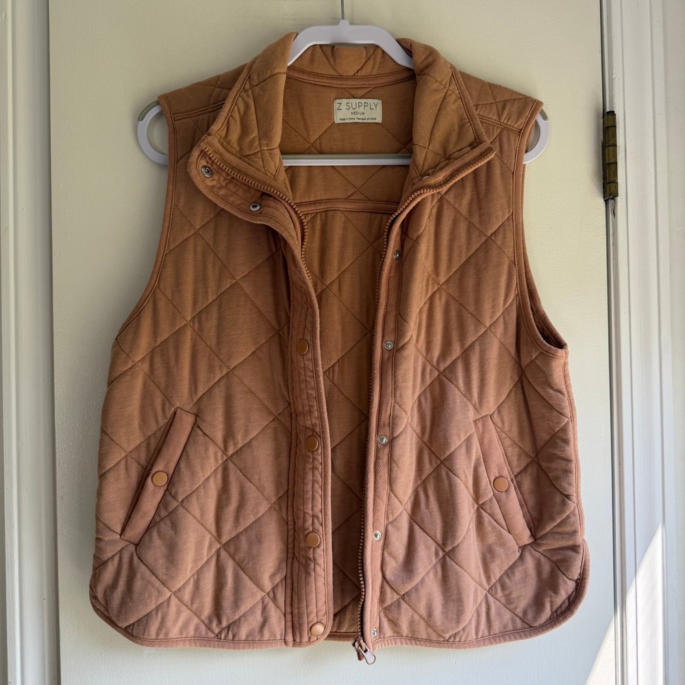 Z Supply Womens Quilted Vest Terracotta Brown Snap Zip Front PJ233262E Medium